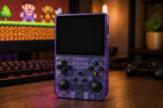R36S handheld console displaying a variety of retro games on screen