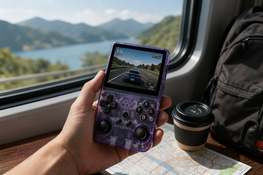 R36S handheld console being used for gaming while traveling on the go