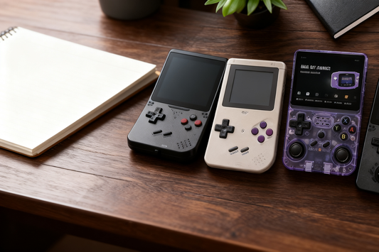 R36S retro handheld console compared side by side with other portable gaming devices
