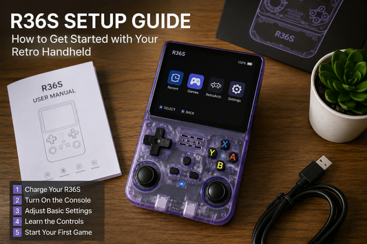 R36S retro handheld console setup guide showing device controls and menu screen