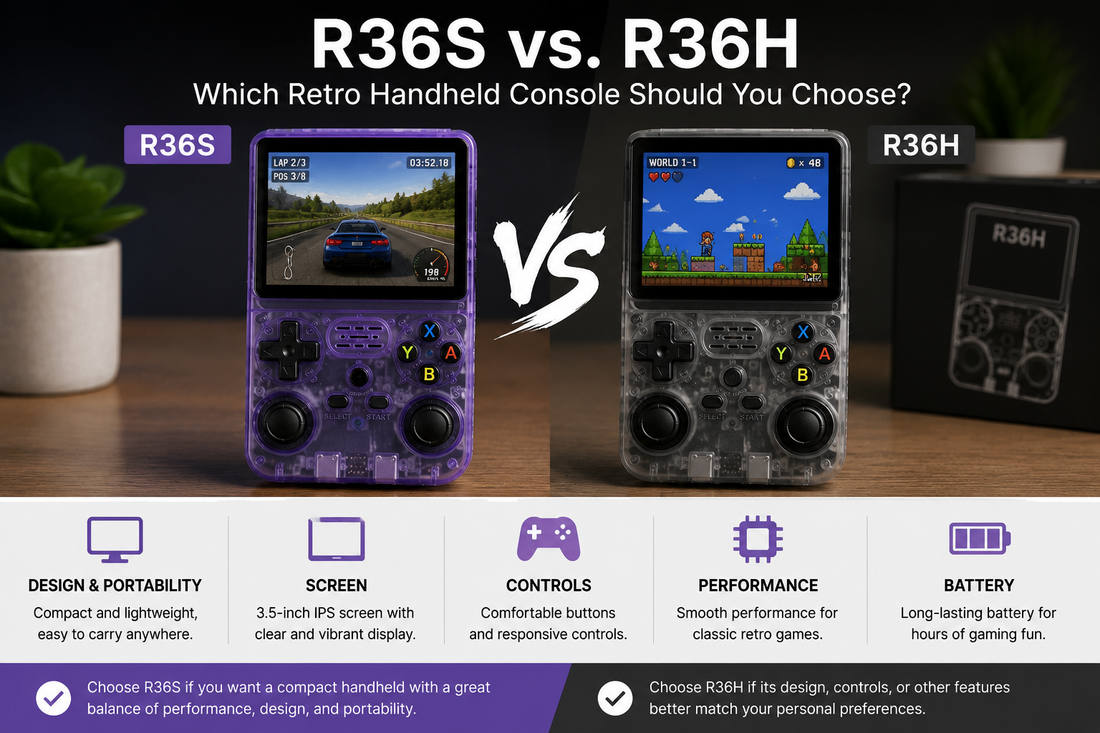 R36S and R36H retro handheld consoles side by side for comparison