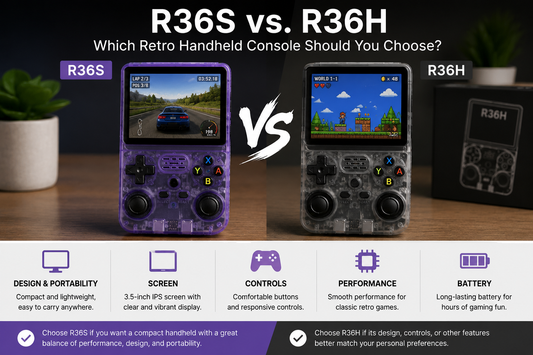 R36S and R36H retro handheld consoles side by side for comparison
